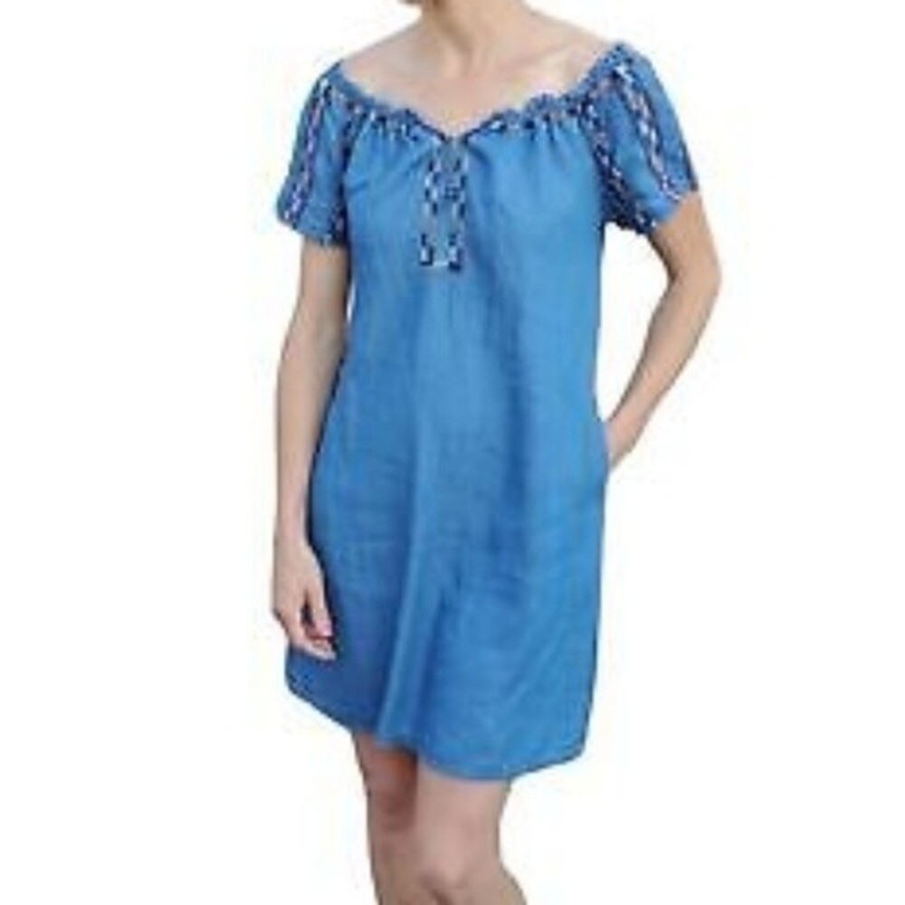Knox Rose Dress Chambray Embroidered Off the Shoulder Shift Dress Size L boho